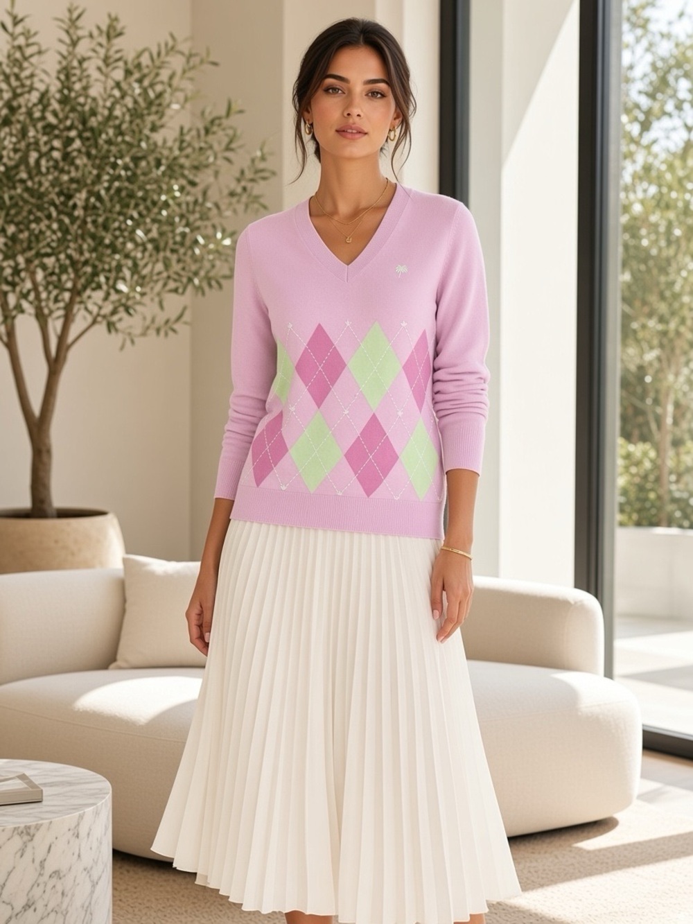 Lilly Pulitzer Pink Argyle V-Neck Sweater Pastel Preppy Palm Small Medium